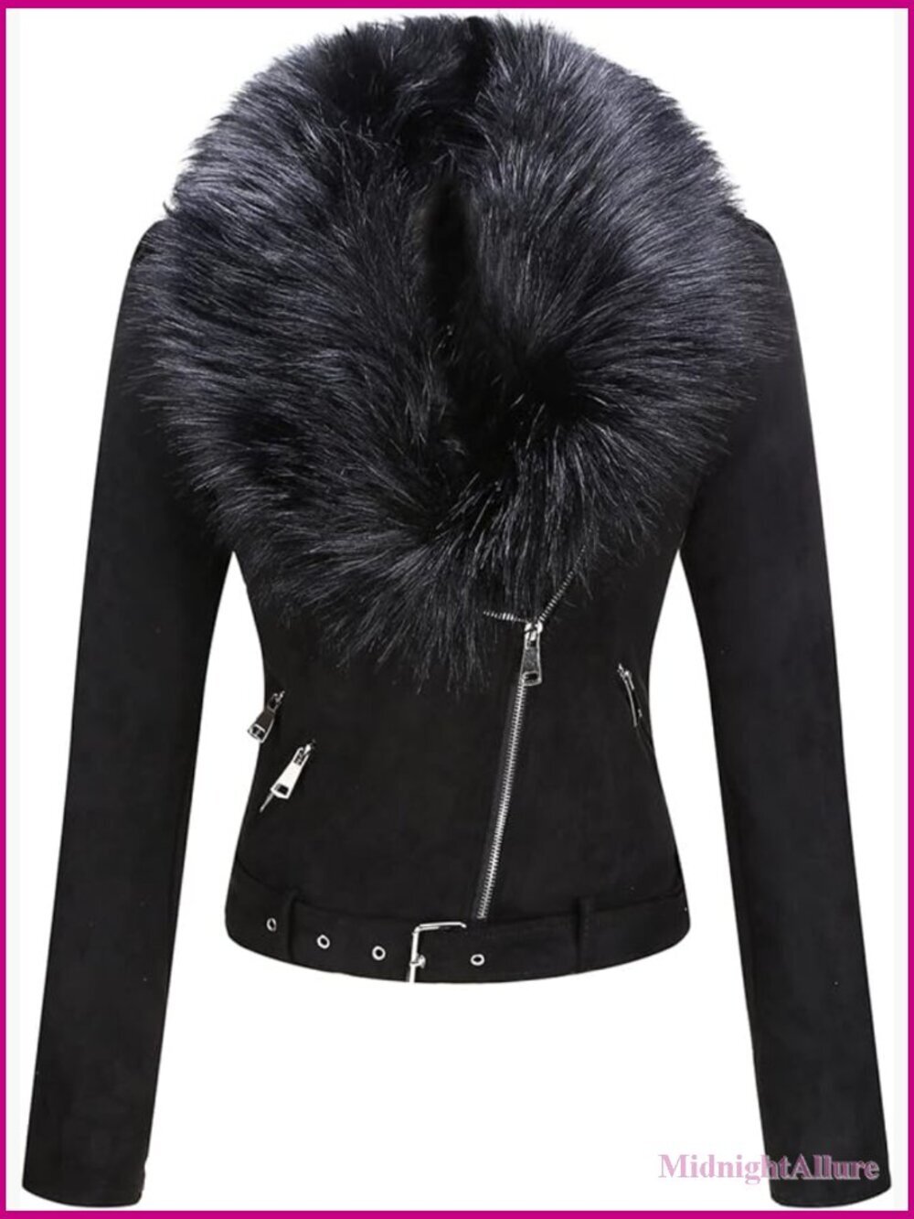 Faux Leather Suede Moto Biker Jacket Sherpa-Lined Overcoat with Removable Belt